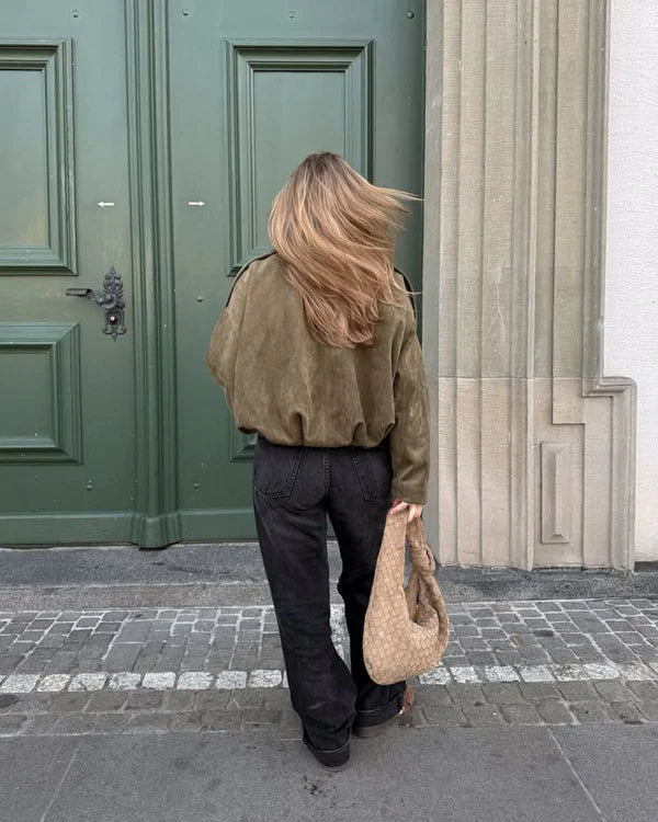 LUMIERE Faux Suède Bomber Jacket – Stylish Lightweight Suede Look for Women