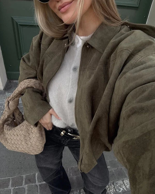 LUMIERE Faux Suède Bomber Jacket – Stylish Lightweight Suede Look for Women