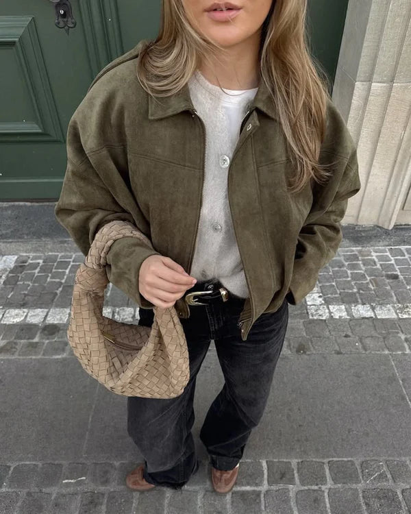 LUMIERE Faux Suède Bomber Jacket – Stylish Lightweight Suede Look for Women