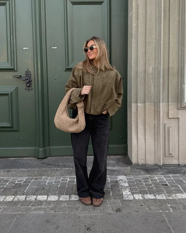 LUMIERE Faux Suède Bomber Jacket – Stylish Lightweight Suede Look for Women