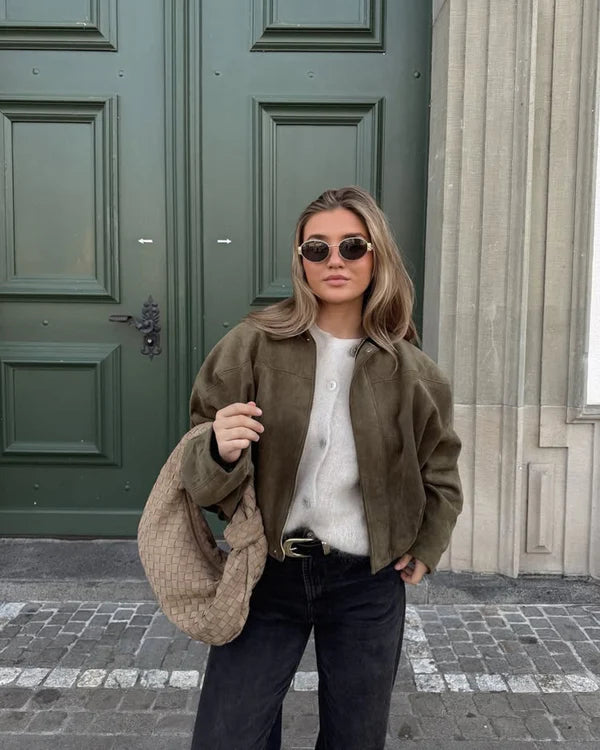 LUMIERE Faux Suède Bomber Jacket – Stylish Lightweight Suede Look for Women